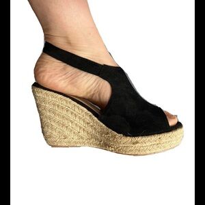 Open Toe Strappy Black Suede Jute Platform Espadrille Wedge 38/7
